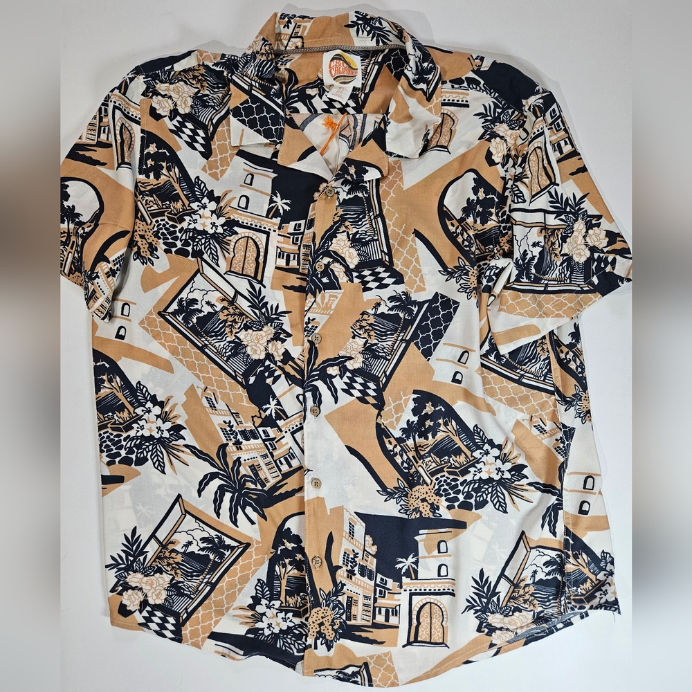 C&C California Mens Button Down Shirt XL Tan Navy‎ Blue Hawaiian Tropical Vaca